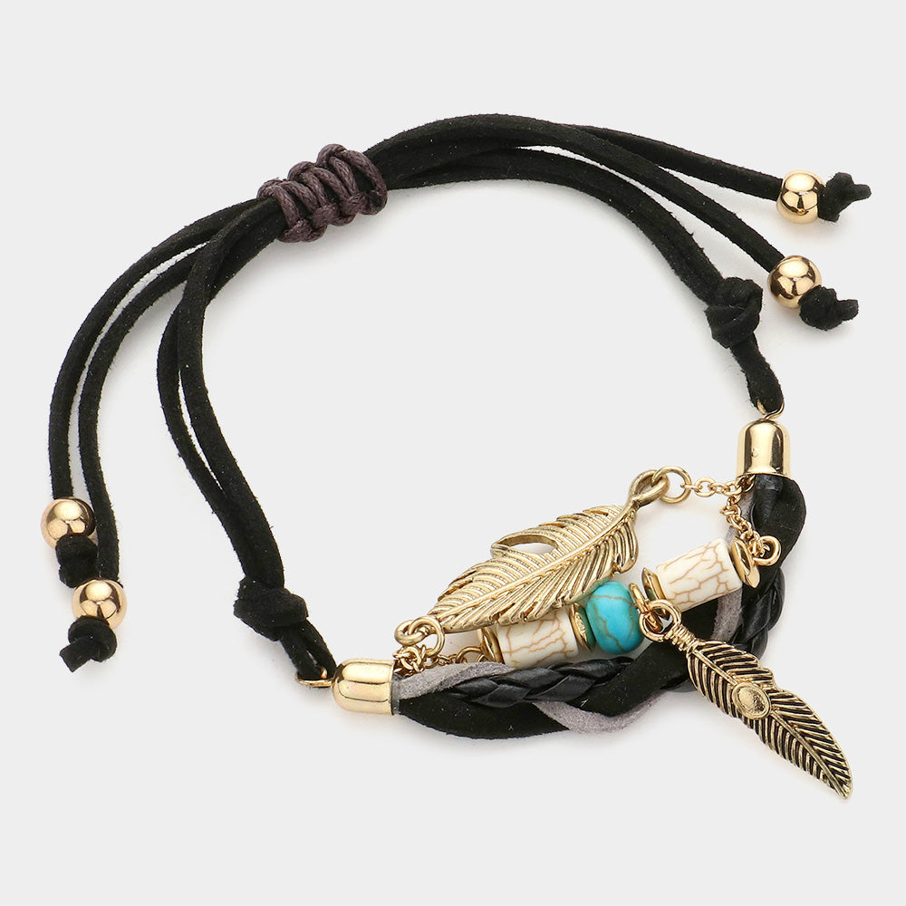 Madeline Love Black, Gold Burnished Natural stone metal feather charm faux suede cinch bracelet - Bracelets