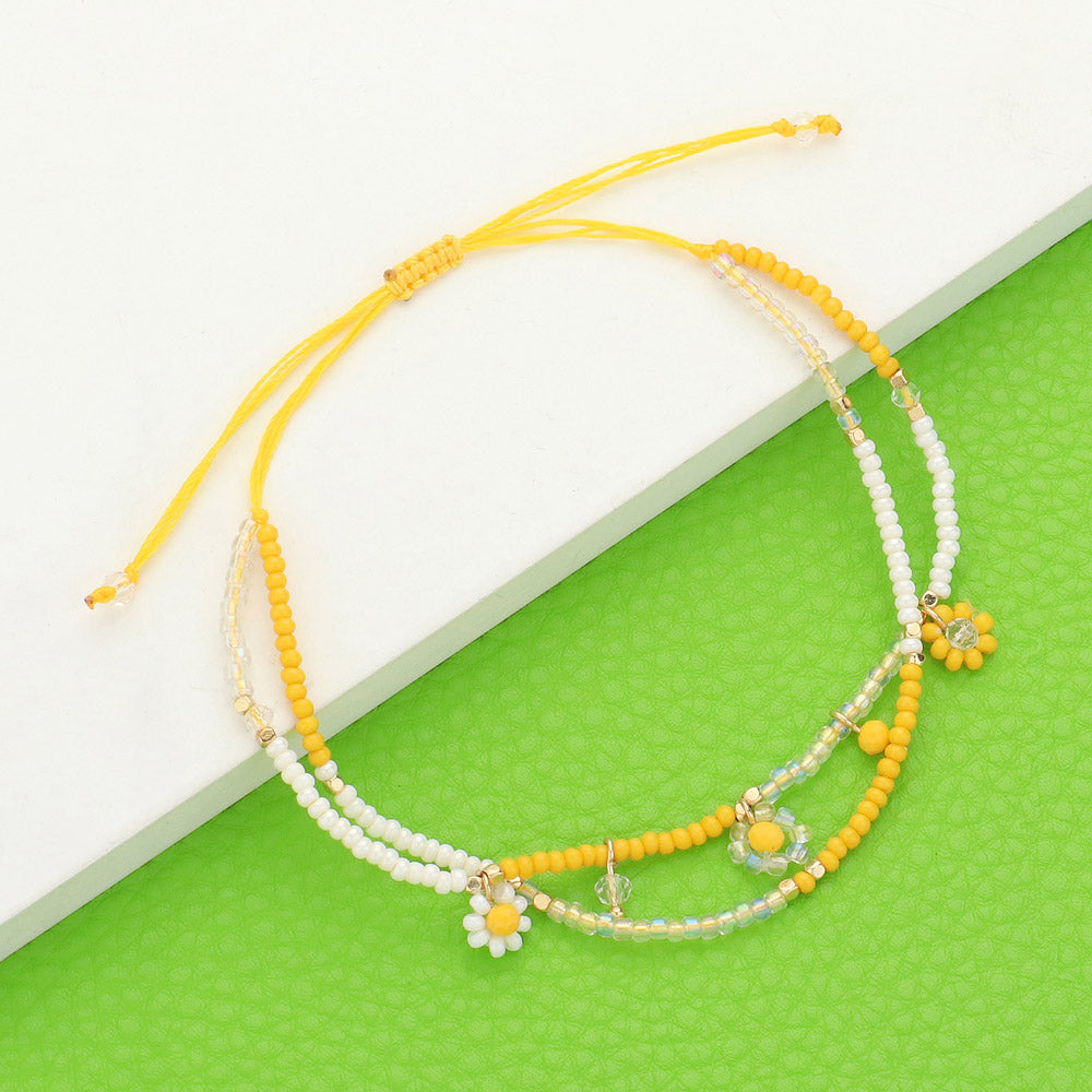 Madeline Love Gold, Yellow Flower Beaded Cinch Pull Tie Bracelet - Bracelets
