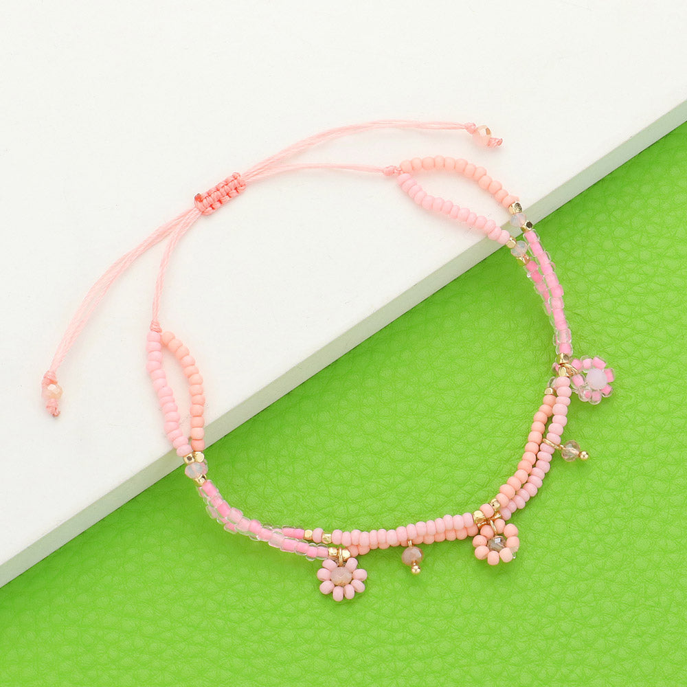 Madeline Love Gold, Pink Flower Beaded Cinch Pull Tie Bracelet - Bracelets