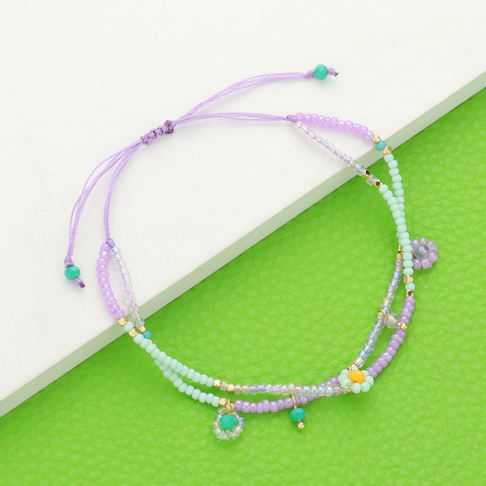 Madeline Love Gold, Multi Flower Beaded Cinch Pull Tie Bracelet - Bracelets