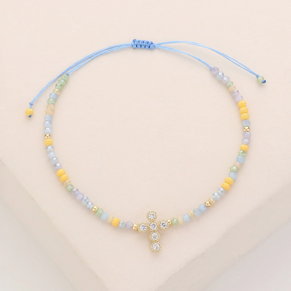 Madeline Love Gold, Multi CZ Stone Pointed Cross Pendant Faceted Beaded Cinch Pull Tie Bracelet - Bracelets