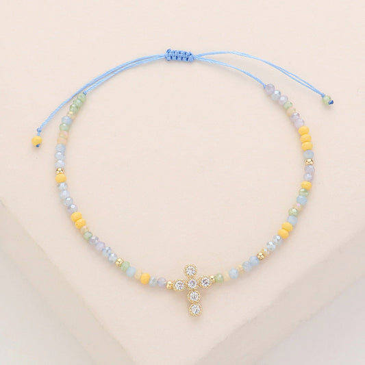Madeline Love Gold, Multi CZ Stone Pointed Cross Pendant Faceted Beaded Cinch Pull Tie Bracelet - Bracelets