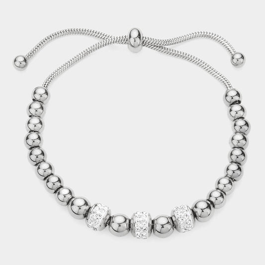 Madeline Love Rhodium Stone Paved Bead Accented Metal Beaded Adjustable Pull Tie Bracelet - Bracelets