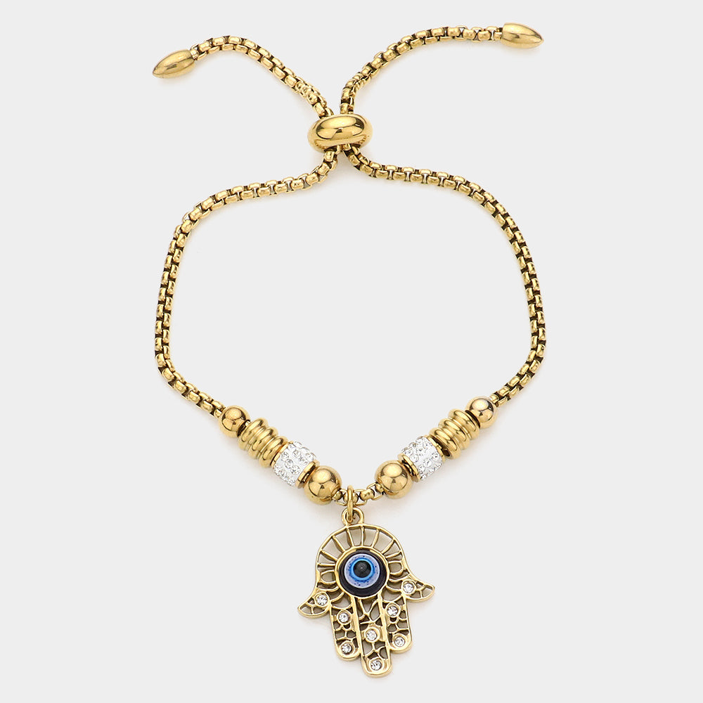Madeline Love Gold Stone Paved Evil Eye Pendant Adjustable Pull Tie Bracelet - Bracelets