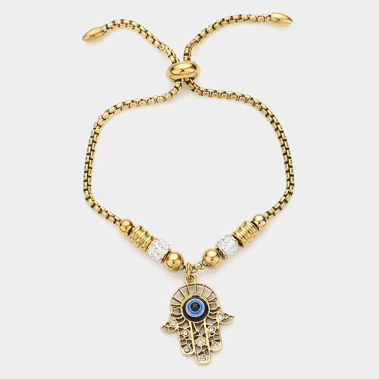 Madeline Love Gold Stone Paved Evil Eye Pendant Adjustable Pull Tie Bracelet - Bracelets
