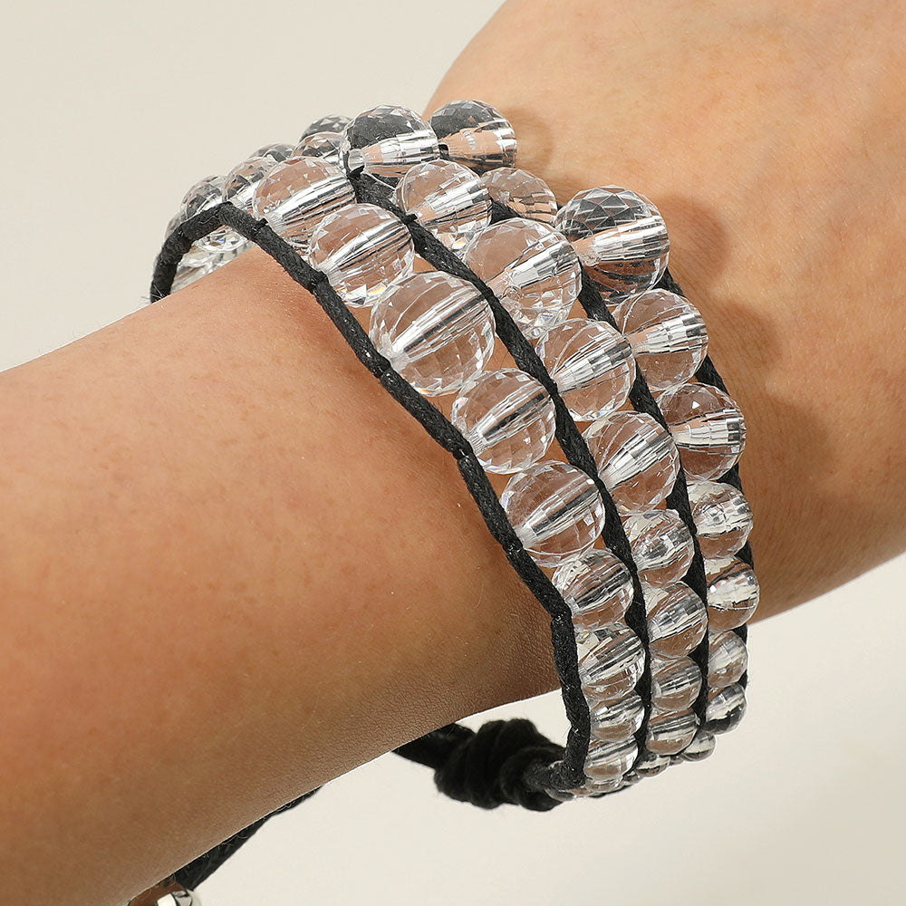 Madeline Love Black, Clear, Rhodium 3-Line Glass Bead Adjustable Bracelet - Bracelets