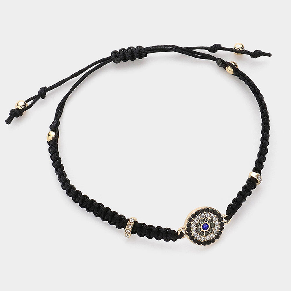 Madeline Love Black, Gold Stone Paved Evil Eye Pointed Braided Adjustable Cinch Pull Tie Bracelet - Bracelets