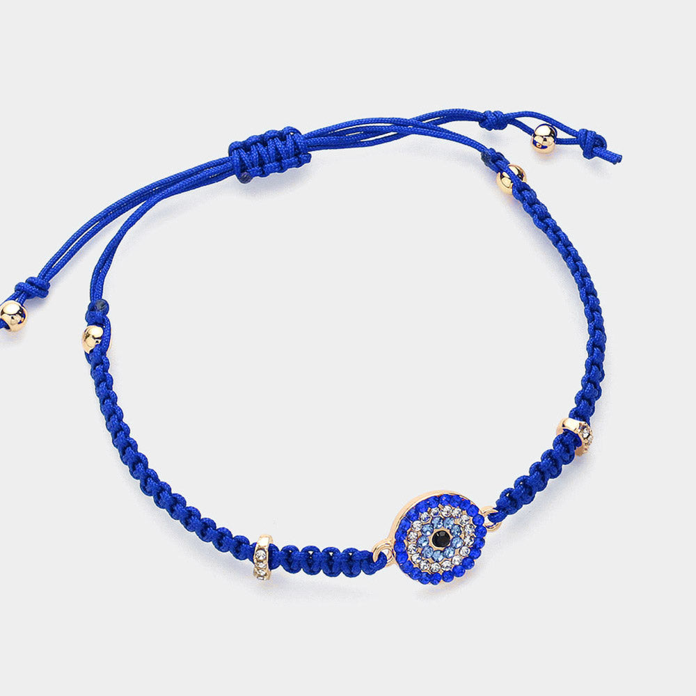 Madeline Love Blue, Gold Stone Paved Evil Eye Pointed Braided Adjustable Cinch Pull Tie Bracelet - Bracelets