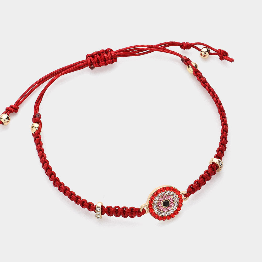 Madeline Love Gold, Red Stone Paved Evil Eye Pointed Braided Adjustable Cinch Pull Tie Bracelet - Bracelets