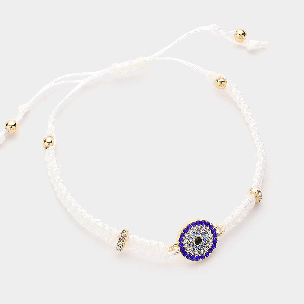 Madeline Love White Stone Paved Evil Eye Pointed Braided Adjustable Cinch Pull Tie Bracelet - Bracelets