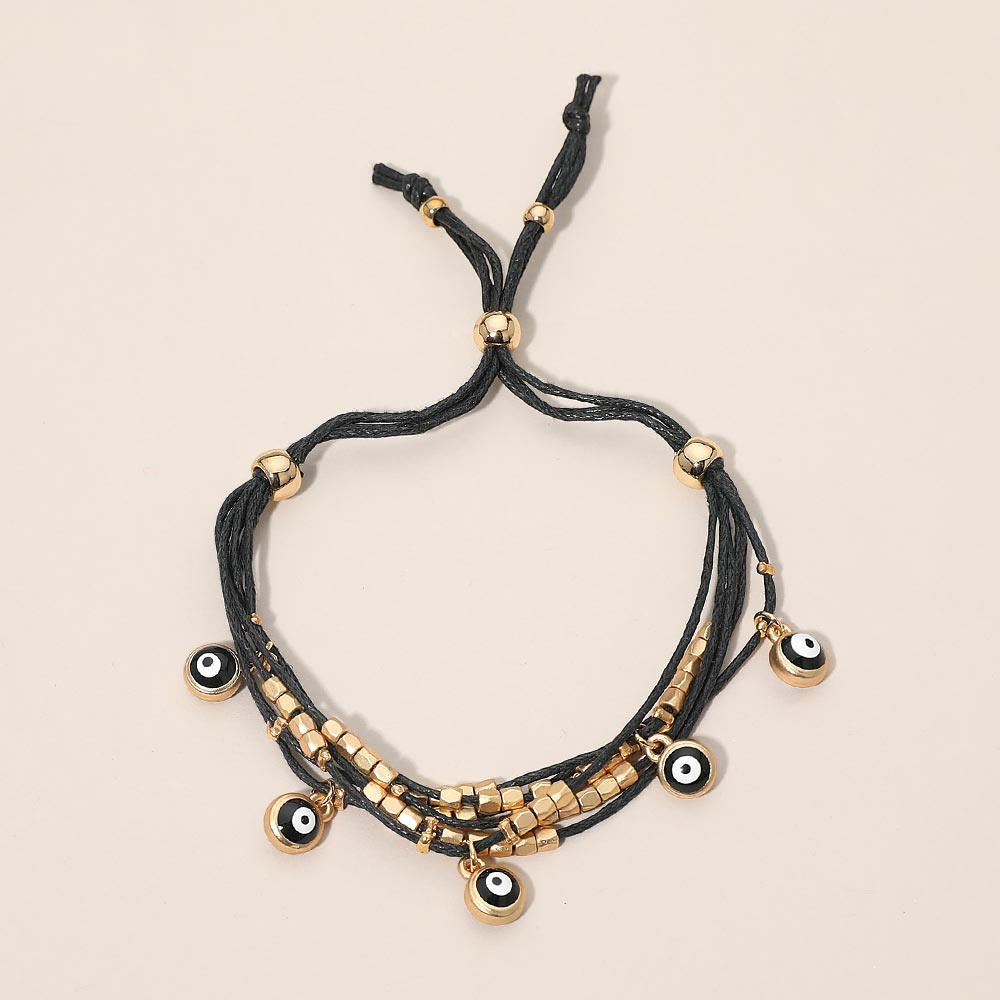 Madeline Love Black, Gold Evil Eye Charm Beaded Multi Layered Adjustable Cinch Pull Tie Bracelet - Bracelets