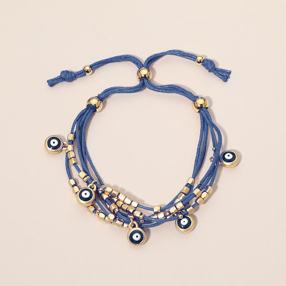 Madeline Love Blue, Gold Evil Eye Charm Beaded Multi Layered Adjustable Cinch Pull Tie Bracelet - Bracelets