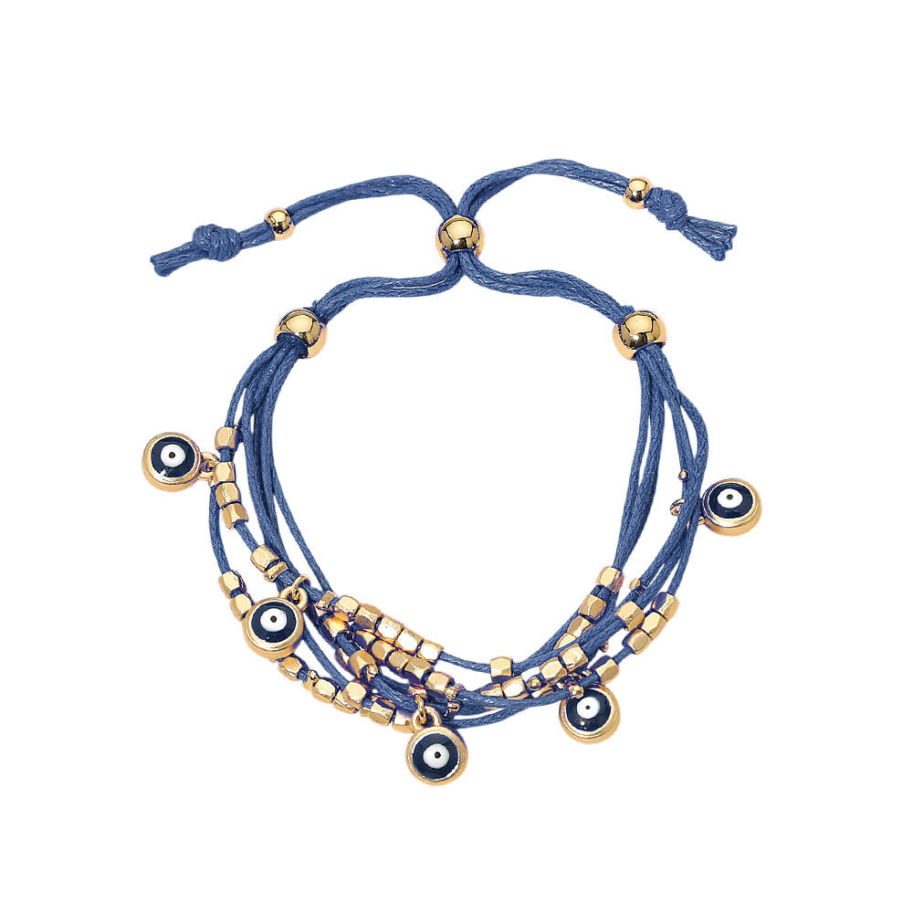 Madeline Love Blue, Gold Evil Eye Charm Beaded Multi Layered Adjustable Cinch Pull Tie Bracelet - Bracelets - desc