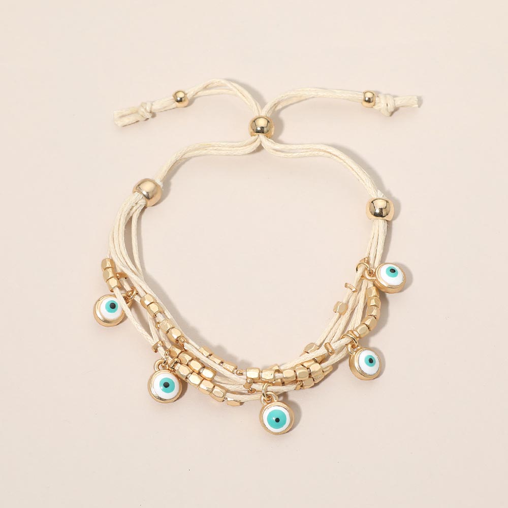 Madeline Love Gold, Ivory Evil Eye Charm Beaded Multi Layered Adjustable Cinch Pull Tie Bracelet - Bracelets
