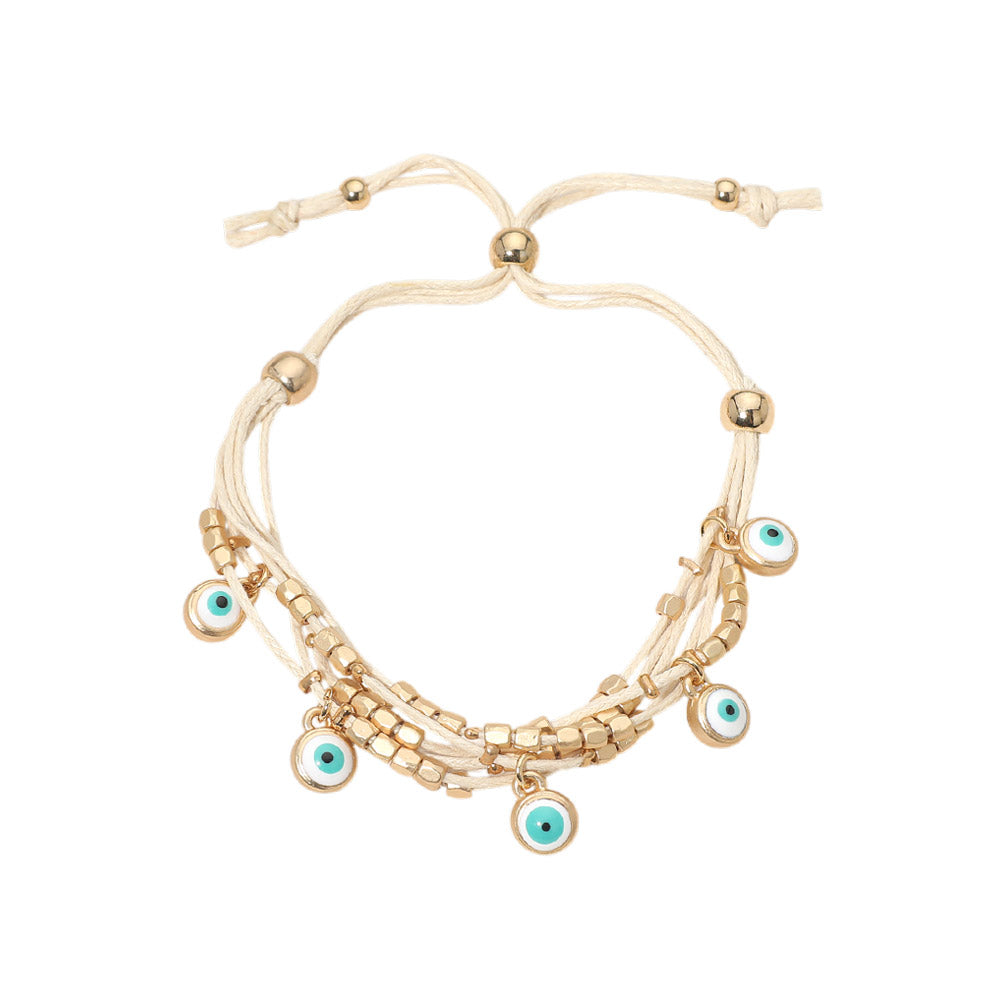 Madeline Love Gold, Ivory Evil Eye Charm Beaded Multi Layered Adjustable Cinch Pull Tie Bracelet - Bracelets - desc