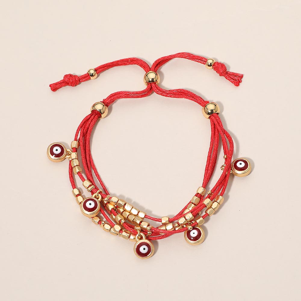 Madeline Love Gold, Red Evil Eye Charm Beaded Multi Layered Adjustable Cinch Pull Tie Bracelet - Bracelets