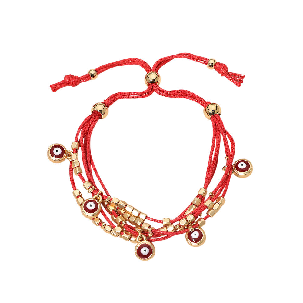Madeline Love Gold, Red Evil Eye Charm Beaded Multi Layered Adjustable Cinch Pull Tie Bracelet - Bracelets - desc