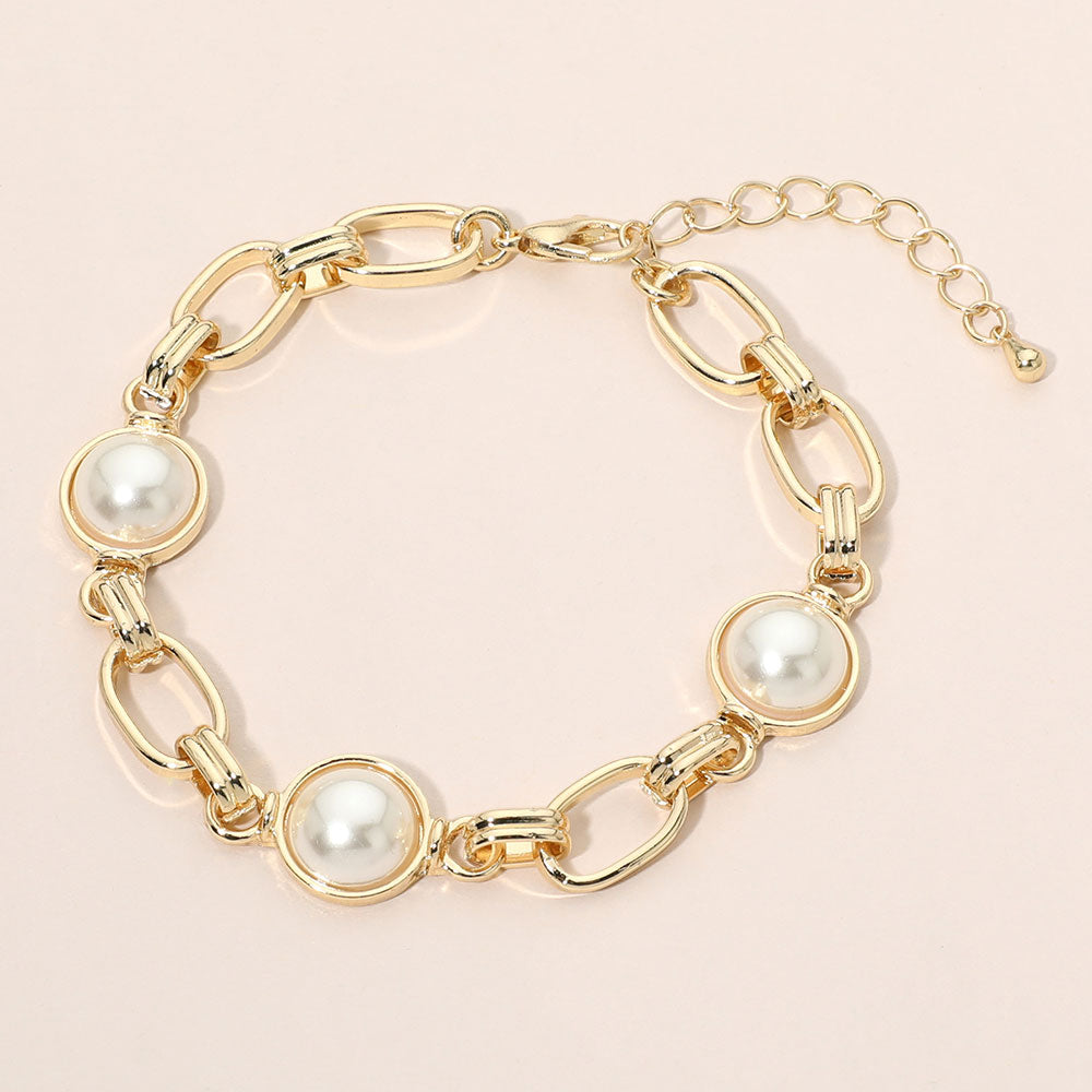Madeline Love Cream, Gold Pearl Station Oval Chain Link Bracelet