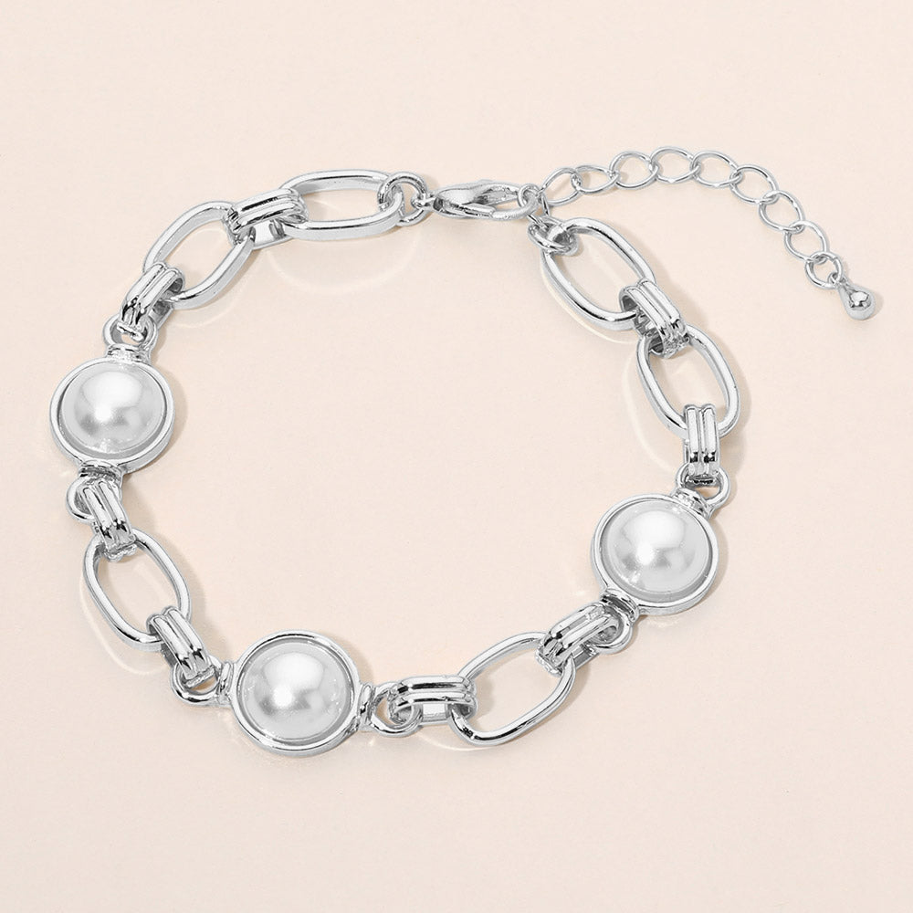 Madeline Love Cream, Rhodium Pearl Station Oval Chain Link Bracelet