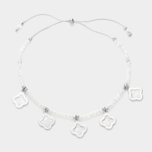 Madeline Love Cream, Rhodium Quatrefoil Bezel Station Beaded Adjustable Pull Tie Bracelet - Bracelets