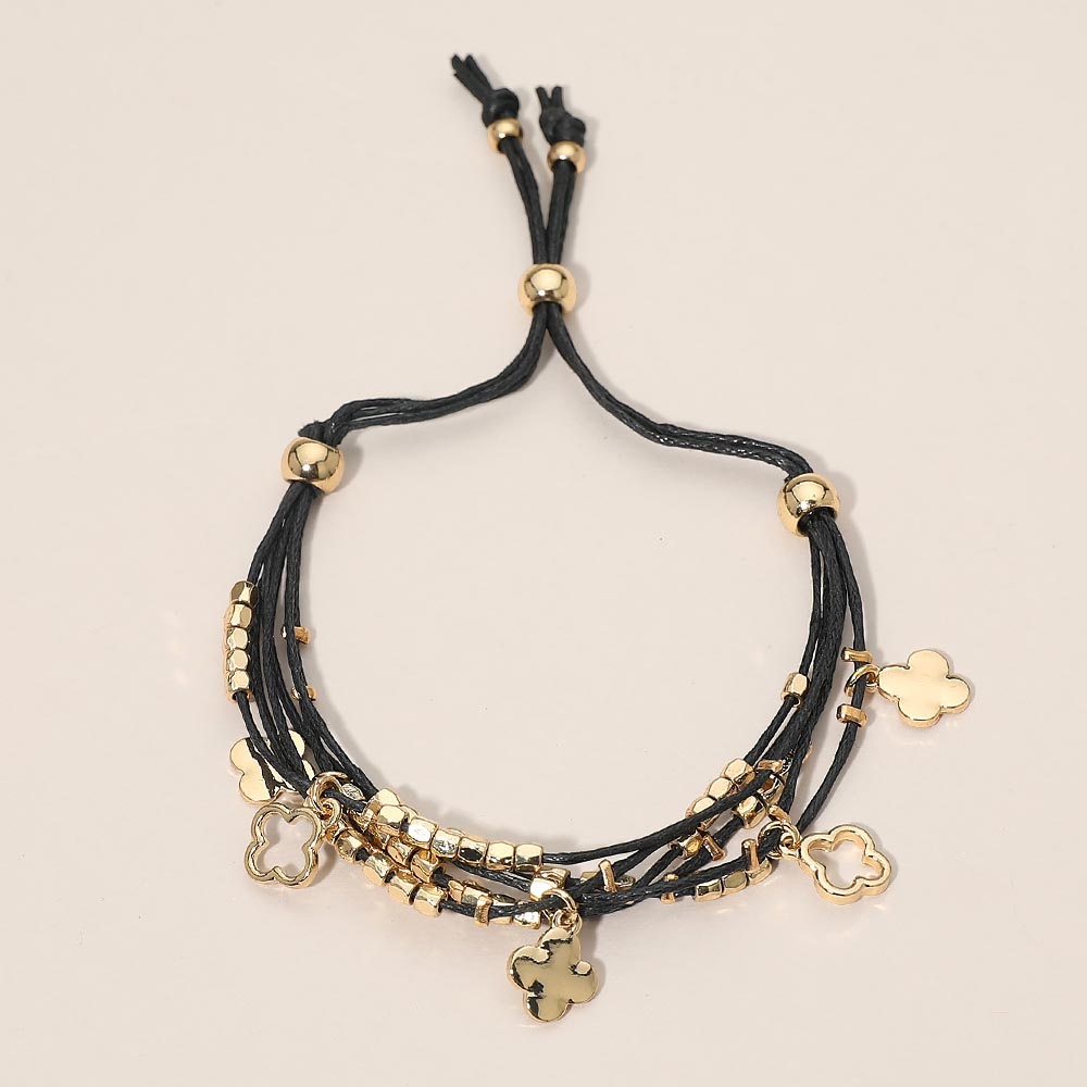 Madeline Love Black, Gold Quatrefoil Charm Beaded Multi Layered Cord Adjustable Cinch Pull Tie Bracelet - Bracelets