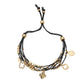 Madeline Love Black, Gold Quatrefoil Charm Beaded Multi Layered Cord Adjustable Cinch Pull Tie Bracelet - Bracelets - desc