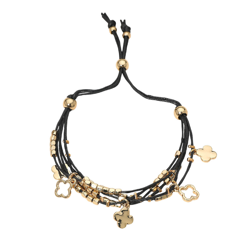 Madeline Love Black, Gold Quatrefoil Charm Beaded Multi Layered Cord Adjustable Cinch Pull Tie Bracelet - Bracelets - desc