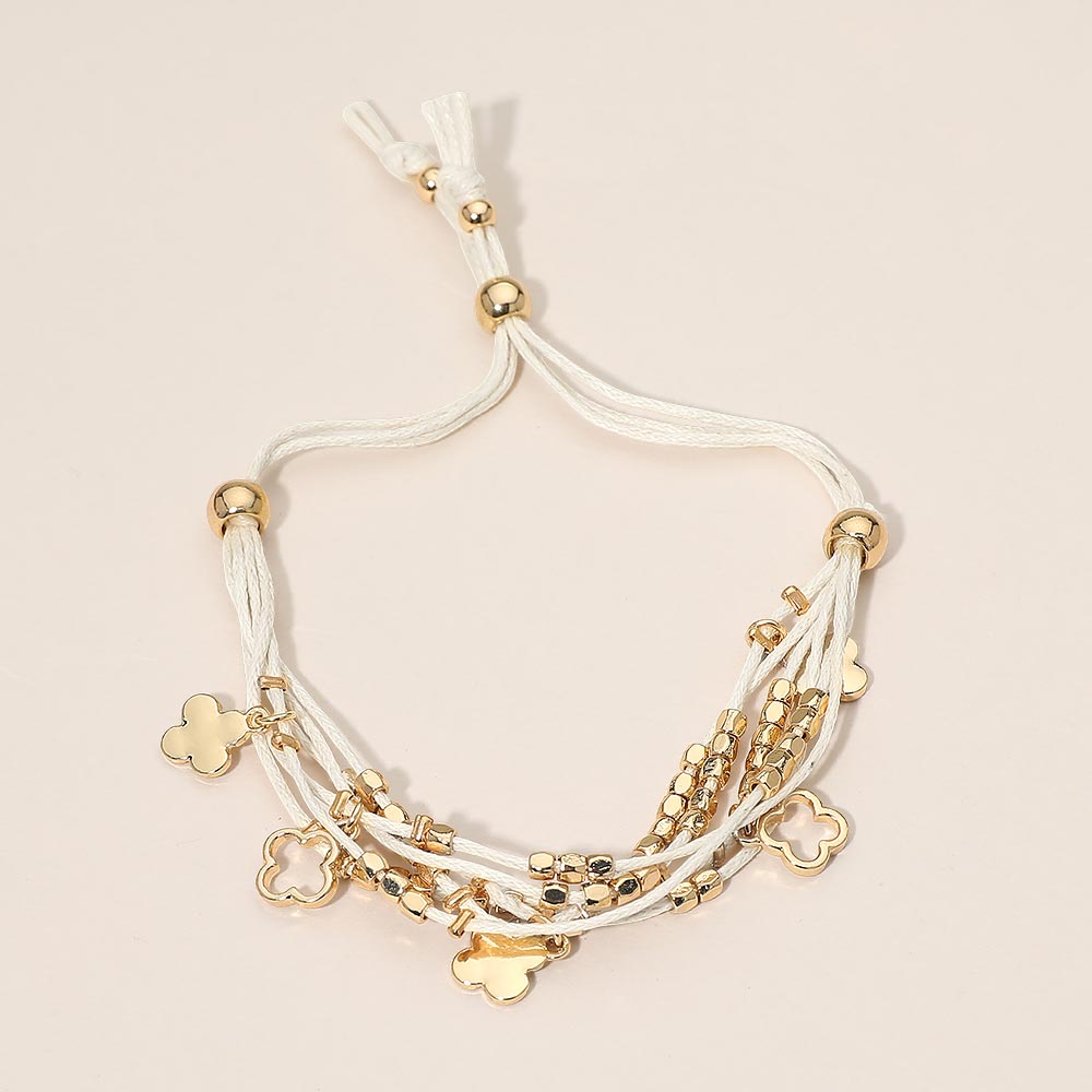 Madeline Love Gold, White Quatrefoil Charm Beaded Multi Layered Cord Adjustable Cinch Pull Tie Bracelet - Bracelets