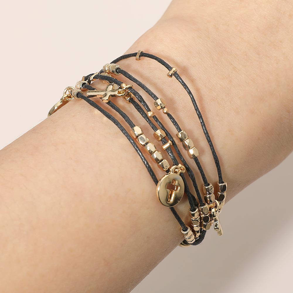 Madeline Love Black, Gold Cross Charm Beaded Multi Layered Cord Adjustable Cinch Pull Tie Bracelet - Bracelets