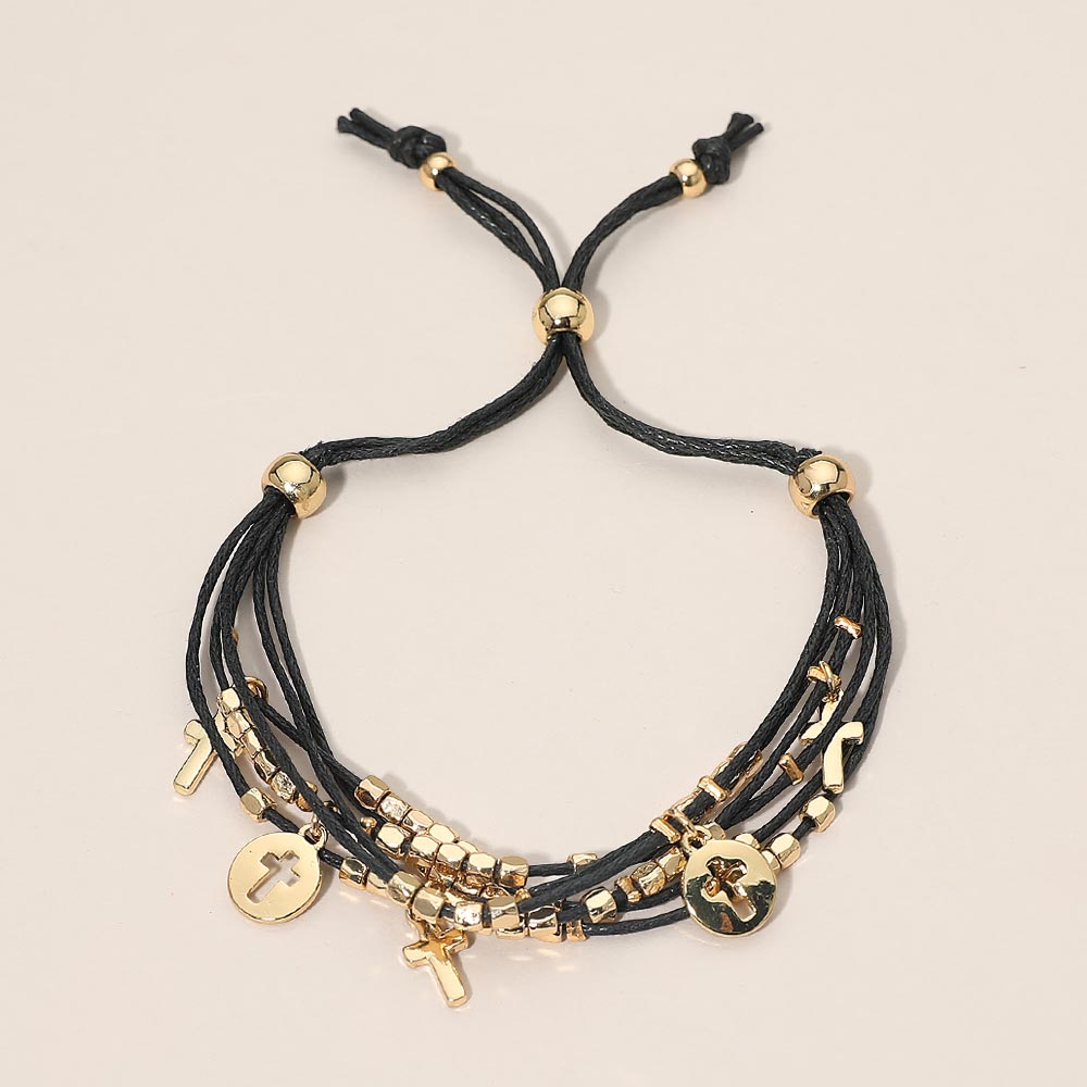 Madeline Love Black, Gold Cross Charm Beaded Multi Layered Cord Adjustable Cinch Pull Tie Bracelet - Bracelets - desc
