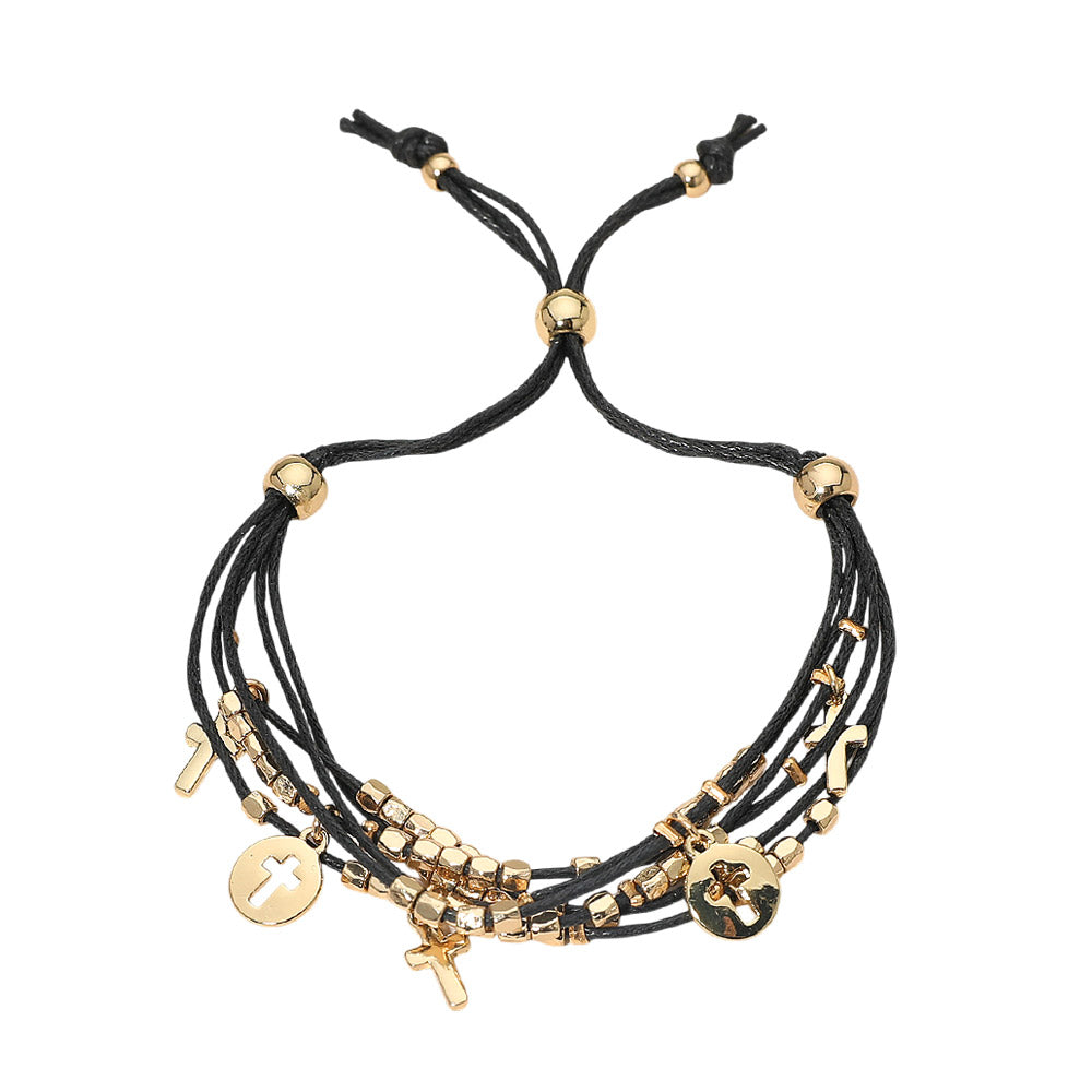 Madeline Love Black, Gold Cross Charm Beaded Multi Layered Cord Adjustable Cinch Pull Tie Bracelet - Bracelets - extra