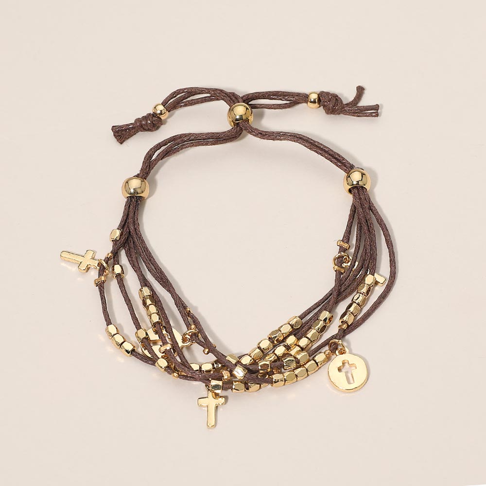 Madeline Love Brown, Gold Cross Charm Beaded Multi Layered Cord Adjustable Cinch Pull Tie Bracelet - Bracelets