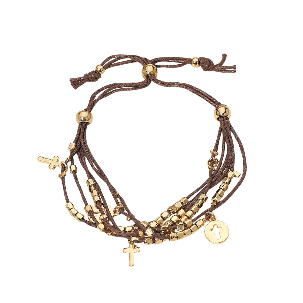 Madeline Love Brown, Gold Cross Charm Beaded Multi Layered Cord Adjustable Cinch Pull Tie Bracelet - Bracelets - desc