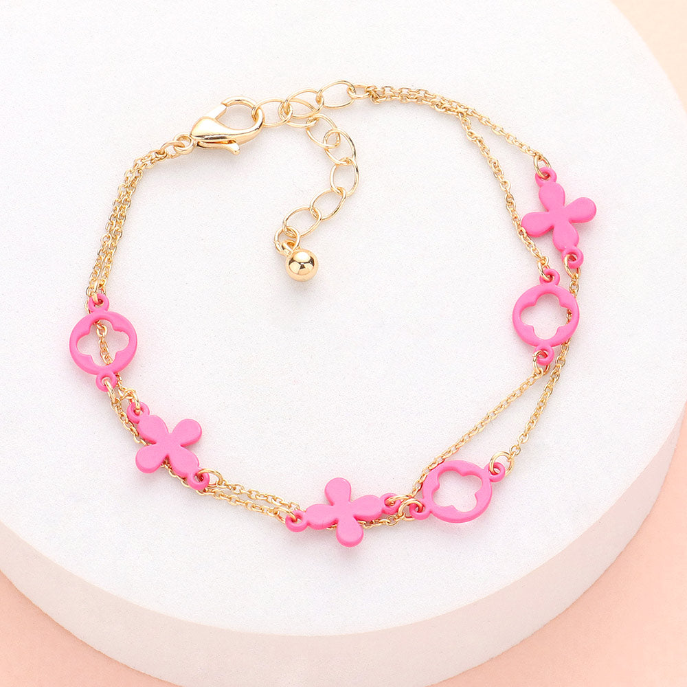 Madeline Love Fuchsia Colored Flower Crisscross Station Double Layered Bracelet - Bracelets