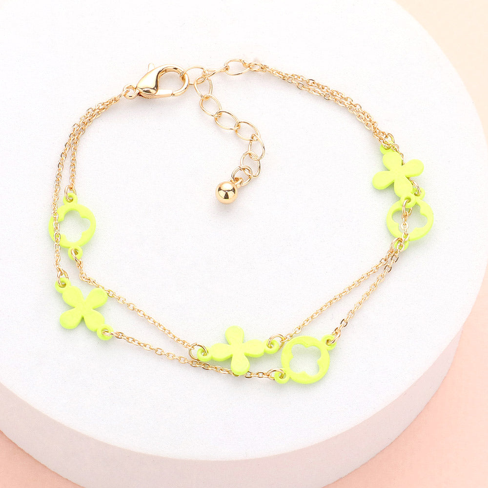 Madeline Love Neon, Yellow Colored Flower Crisscross Station Double Layered Bracelet - Bracelets