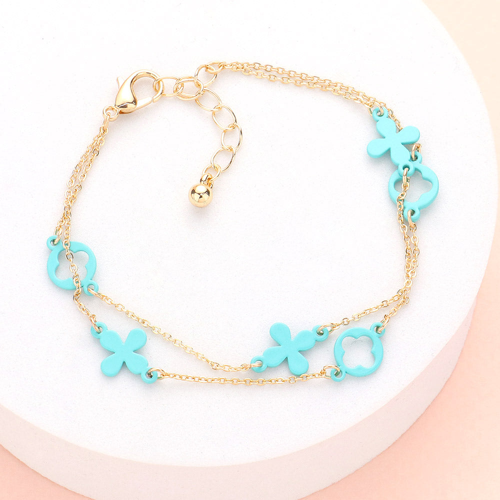 Madeline Love Turquoise Colored Flower Crisscross Station Double Layered Bracelet - Bracelets
