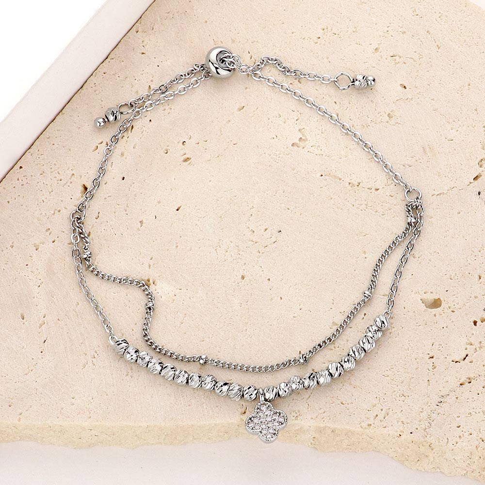 Madeline Love Clear, Rhodium CZ Stone Paved Quatrefoil Charm Pointed Brass Metal Adjustable Pull Tie Bracelet - Bracelets