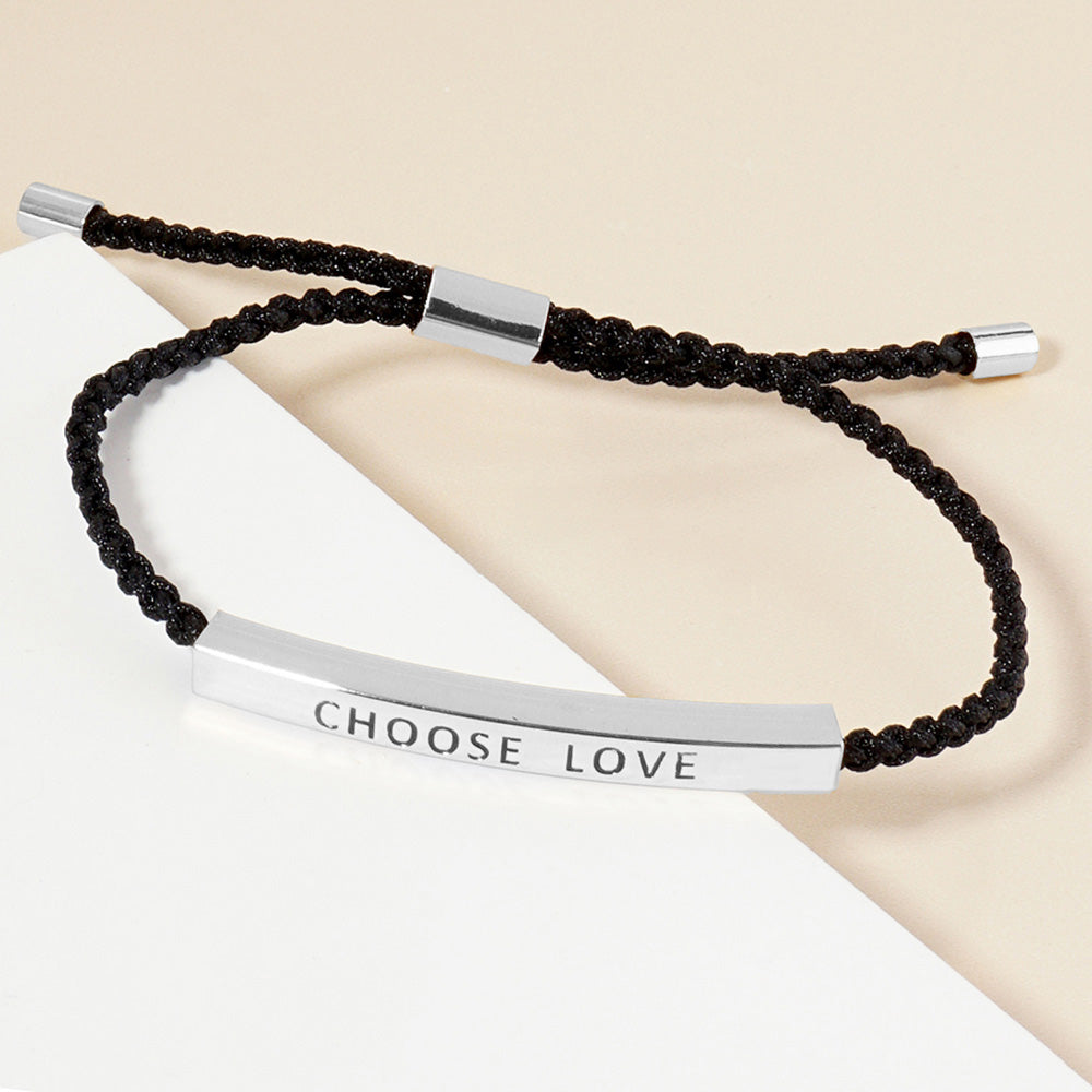 Madeline Love Rhodium White Gold Dipped CHOOSE LOVE Message Bar Pointed Rope Adjustable Cinch Pull Tie Bracelet - Bracelets