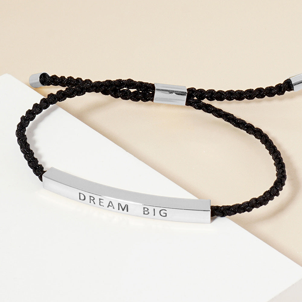 Madeline Love Rhodium White Gold Dipped DREAM BIG Message Bar Pointed Rope Adjustable Cinch Pull Tie Bracelet - Bracelets