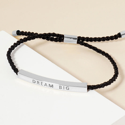 Madeline Love Rhodium White Gold Dipped DREAM BIG Message Bar Pointed Rope Adjustable Cinch Pull Tie Bracelet - Bracelets