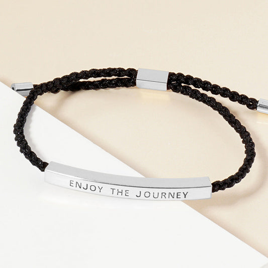 Madeline Love Rhodium White Gold Dipped ENJOY THE JOURNEY Message Bar Pointed Rope Adjustable Cinch Pull Tie Bracelet - Bracelets
