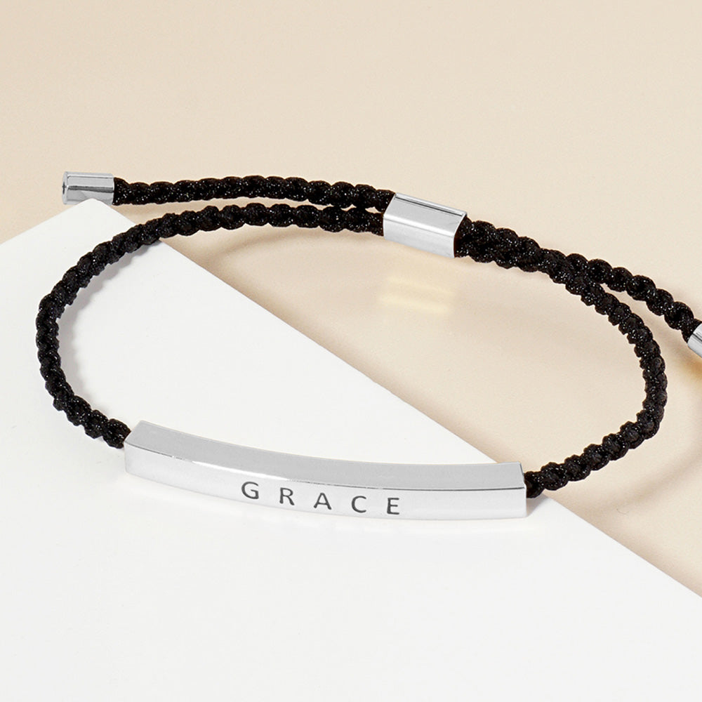 Madeline Love Rhodium White Gold Dipped GRACE Message Bar Pointed Rope Adjustable Cinch Pull Tie Bracelet - Bracelets