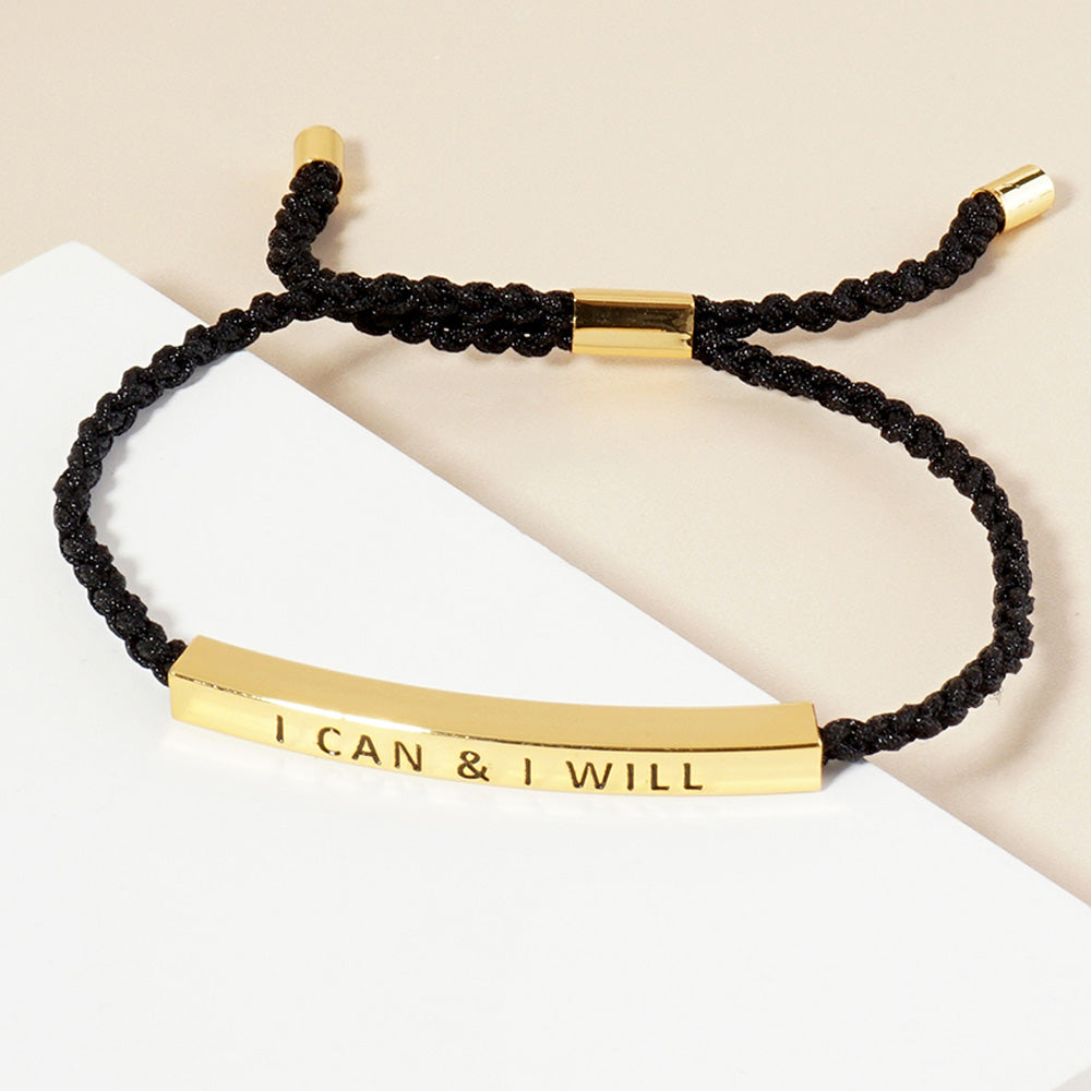 Madeline Love Gold Gold Dipped I CAN I WILL Message Bar Pointed Rope Adjustable Cinch Pull Tie Bracelet - Bracelets