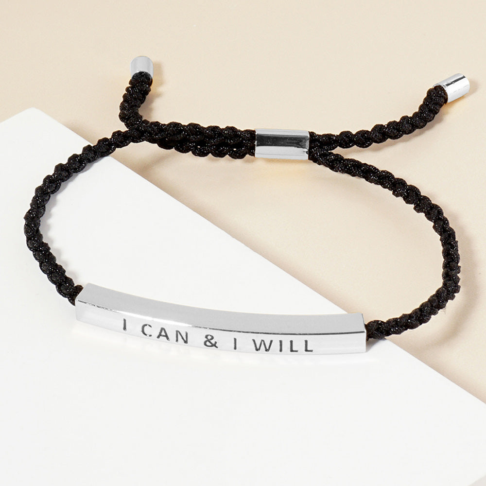 Madeline Love Rhodium White Gold Dipped I CAN I WILL Message Bar Pointed Rope Adjustable Cinch Pull Tie Bracelet - Bracelets