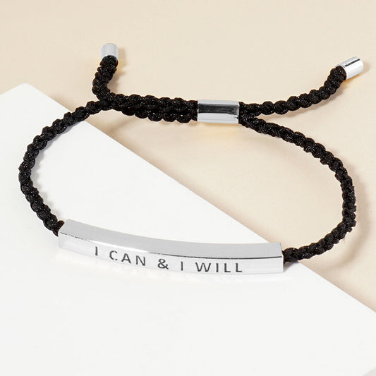 Madeline Love Rhodium White Gold Dipped I CAN I WILL Message Bar Pointed Rope Adjustable Cinch Pull Tie Bracelet - Bracelets