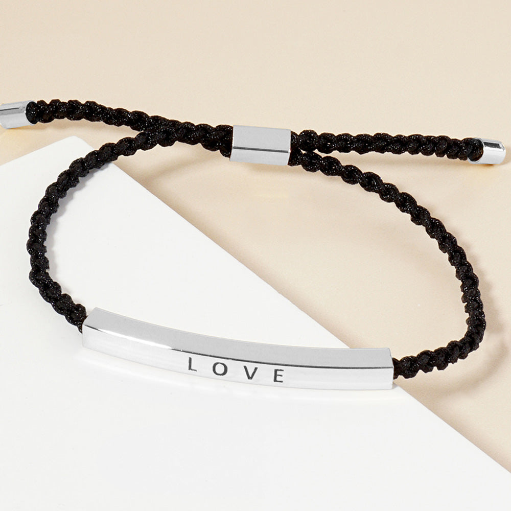 Madeline Love Rhodium White Gold Dipped LOVE Message Bar Pointed Rope Adjustable Cinch Pull Tie Bracelet - Bracelets