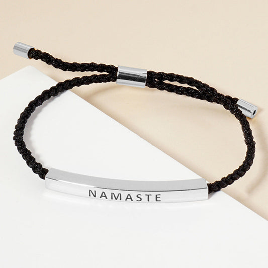 Madeline Love Rhodium White Gold Dipped NAMASTE Message Bar Pointed Rope Adjustable Bracelet - Bracelets