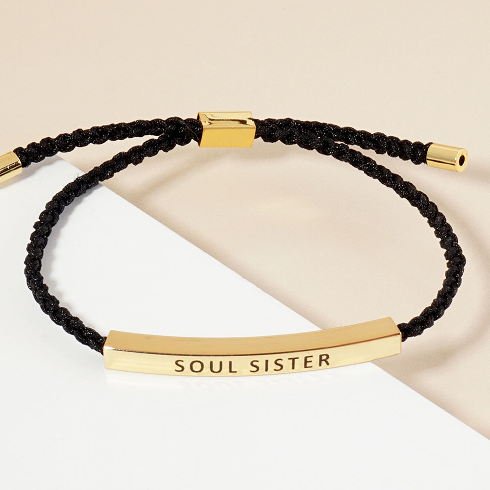 Madeline Love Gold Gold Dipped SOUL SISTER Message Bar Pointed Rope Adjustable Cinch Pull Tie Bracelet - Bracelets