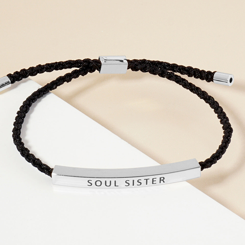 Madeline Love Rhodium White Gold Dipped SOUL SISTER Message Bar Pointed Rope Adjustable Bracelet - Bracelets