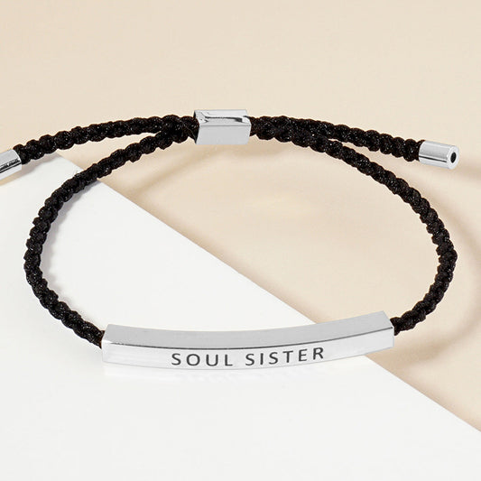 Madeline Love Rhodium White Gold Dipped SOUL SISTER Message Bar Pointed Rope Adjustable Bracelet - Bracelets
